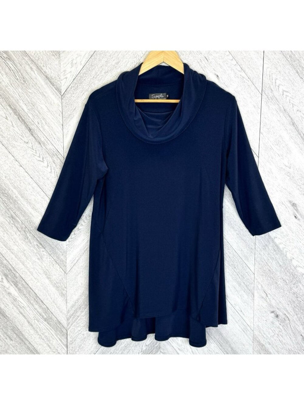 Sympli Cowl Neck Tunic Top Womens Size 10 Navy Blue 3/4 Sleeve Pullover Shirt